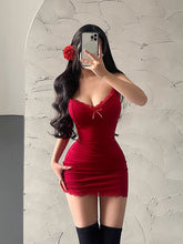 Sexy Sommer Minikleid Damen Spitze Rot Camisole Sommerkleid Ärmellos V-Ausschnitt Basic Bodycon Kleider Lady Club Party Y2k Kleidung